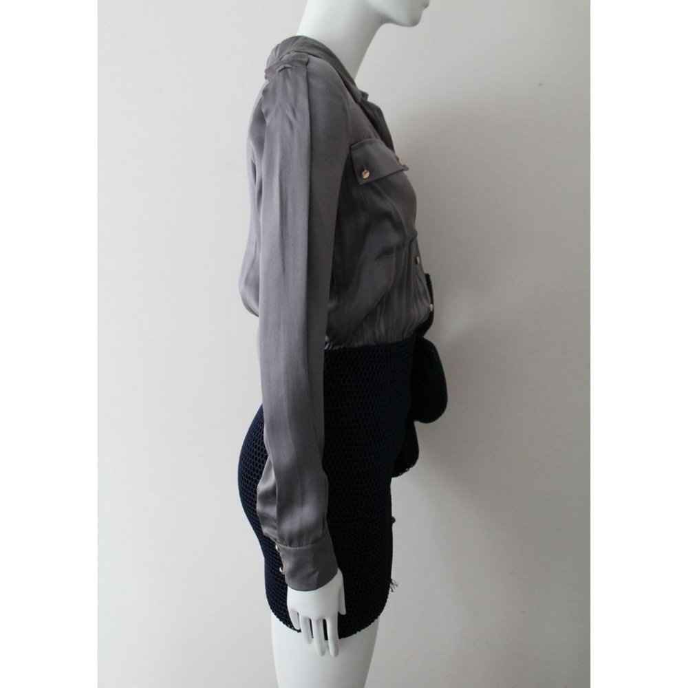 Self Portrait Silk Button Down Shirt Tulle Dress Size 0 Grey Blue Authentic - Picture 6 of 9